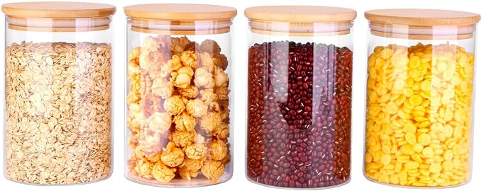 Glass Food Jars with Lids,37oz Glass Storage Containers with Airtight Bamboo Lids,Round Glass Canister Set of 4, Pantry Organizers and Storage for Cookie Flour Oat Pasta Tea Coffee Bean