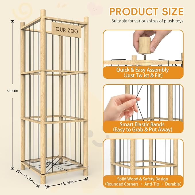 Stuffed Animal Storage & Organizer, Wooden Eco-Friendly Toy Holder with Elastic Ropes & DetachableBag, Fun Interactive Plush Toy Storage, Easy Assembly Durable Organizer for Nursery, Bedroom &Playroom