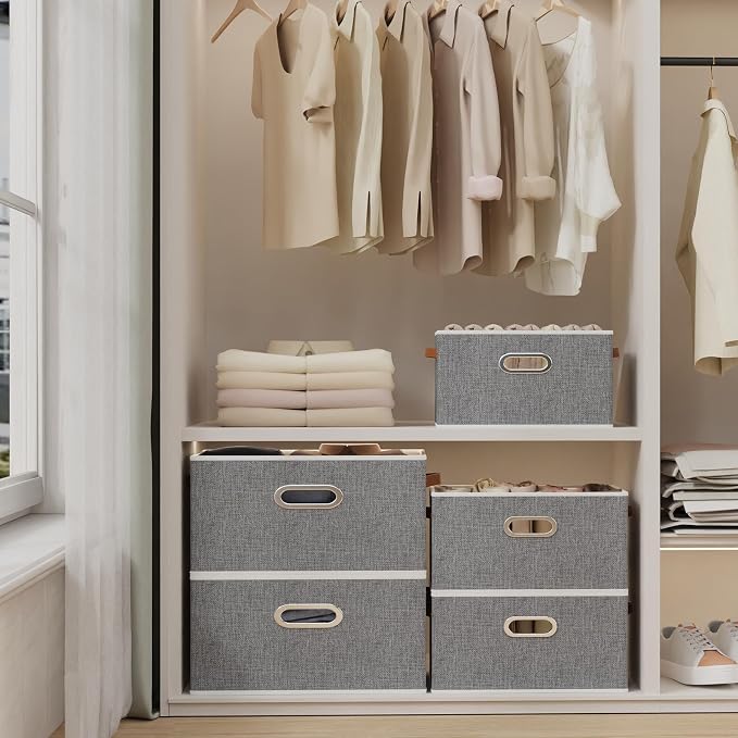 Yawinhe Fabric Storage Baskets, Foldable Closet Organizer for Shelves, Large Boxes with 3 Handles, Canvas Bins for Clothes, Grey, 12.99''Lx9.05''Wx7.87''H, 6-Pack