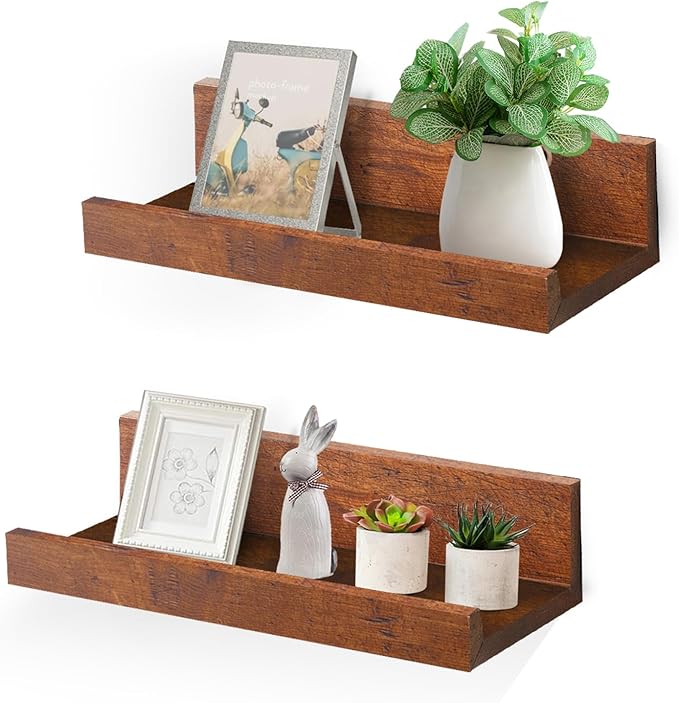 Muzilife 12" Small Floating Wall Ledge Shelves with Lip - Set of 2 Wood Floating Shelves - Honey Wall Mounted Picture Ledge for Office, Bathroom, Bedroom, Living Room, Kitchen