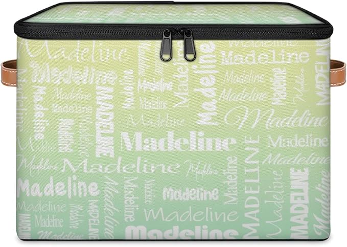 Custom Storage Basket with Name, Personalized Keepsake Box with Zipper Lid, Foldable Fabric Memory Bin Large capacity with Handle Yellow Green