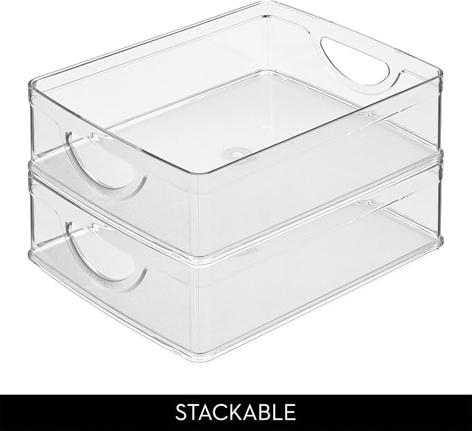iDesign Plastic Stackable Pantry Bin, Set of 2, Clear | Storage Bin with Handles, For Cabinets or Fridge