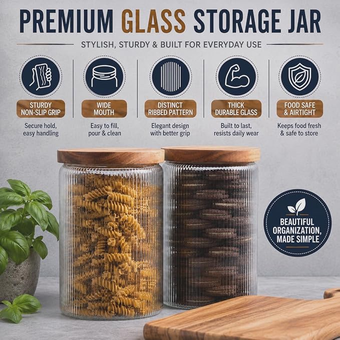 Mason & Fable Ribbed Glass Jar with Wooden Lid 70fl.oz- Set of 2 | Airtight Fluted Storage Container for Cookies, Pasta, Coffee, Dog Treats, Snacks | Organization Canisters for Home & Kitchen