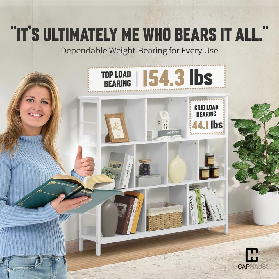 CAPHAUS 10 Cube Storage Organizer, 48” Wide 3 Tier White Industrial Open Shelf Bookcase, Display Shelf, Horizontal Books