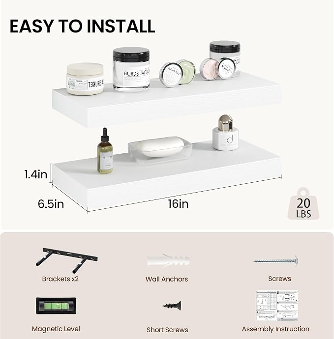 Vivelove 16 Inch Floating Shelves Wall Mounted for Display, 6.5 Deep Duty Shelves with Invisible Brackets for Living Room,Bedroom,Kitchen, Bathroom Storage & Decor,16" Wx6.5 Dx1.4 H - White