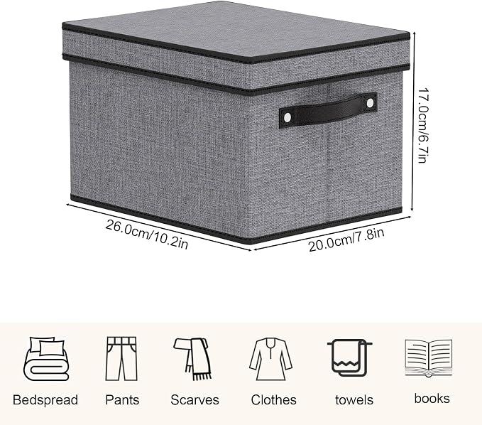 Storage Box with Handles,10.2×7.8×6.7 In,Gray Bin,3-Pack | Clothing Storage Baskets,Closet Organizers with Lids and PP Plastic Board,Fabric Containers for Shelves Bedroom Office