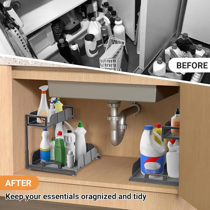 Under Kitchen Sink Organizer, 2 Tier Metal Pull Out, 2 Pack | Sliding Drawer, Heavy Duty, Bathroom Organizers and Storage Shelf, For Home, Laundry, Office