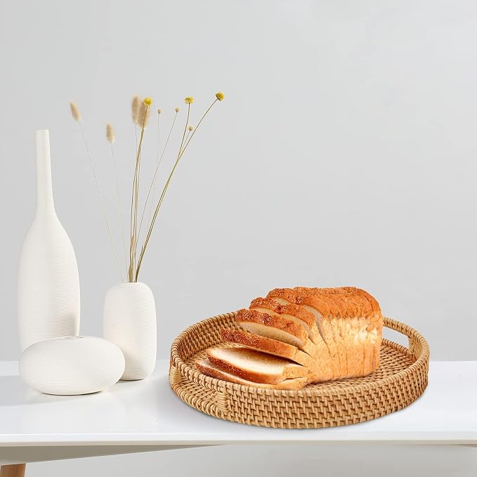 Round Rattan Serving Tray with Handles, Hand Woven Basket, Home Decor Organizer Tray for Breakfast, Tea, Snack, Fruit, Coffee,Storage (Medium)(11.9inchX1.7inch)