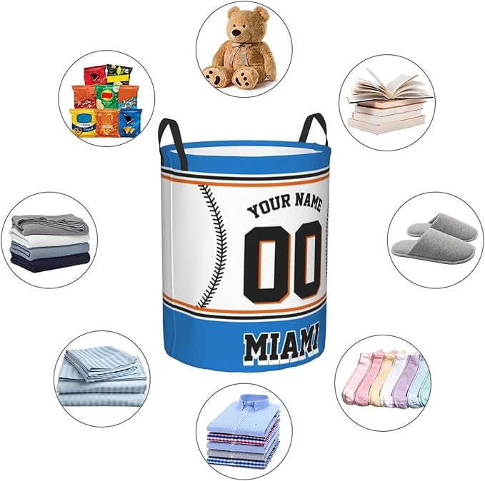 Custom Miami Laundry Hamper Personalized Laundry Basket Customized Name And Number Collapsible Storage Basket for Bedroom Bathroom Living Room Baseball Fan Gifts