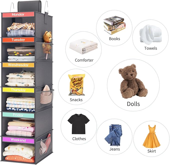 Weekly Kids Clothes Organizer 6-Shelf Hanging Closet Storage Dark Grey