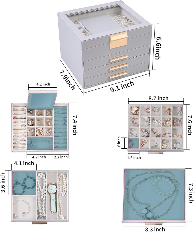 BOOVO Clear Lid Jewelry Box,3 Layers Jewelry Organizer Large Jewelry Storage Box with 2 Drawers,Jewelry Holder Organzier of Rings Earrings Necklace Bracelets for Women (Grey, 4 Layer)