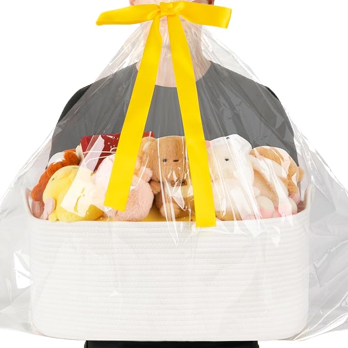 OIASKET XXL Large Empty Cotton Rope Gift Basket with Handles, 20.1"x14.6"x8.7" Decorative Woven Storage Basket with Gift Bag and Ribbon Set for Baby Shower, Toy Organizer for Kids, Dogs & Cats - White