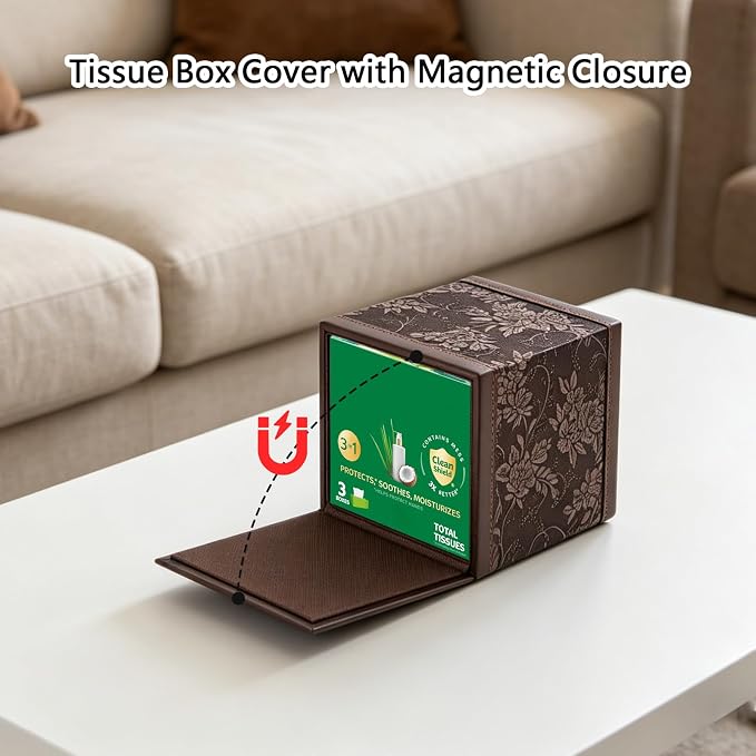 Tissue Box Cover Square,Modern Leather Tissue Box Holder for Napkin Facial Paper Organizer Bottom with Magnet Reinforcement for Home/Hotel/Restaurant/Office/car/Living Room(Retro)