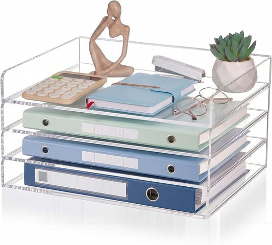 Harloon 4 Tier Acrylic Paper Tray Organizer, Heavy Duty Stackable Clear Organizer for A4/Letter Paper, Acrylic File Storage for Desk, Office Workspace, No Assembly Required, 13 x 10 x 1.7 Inches