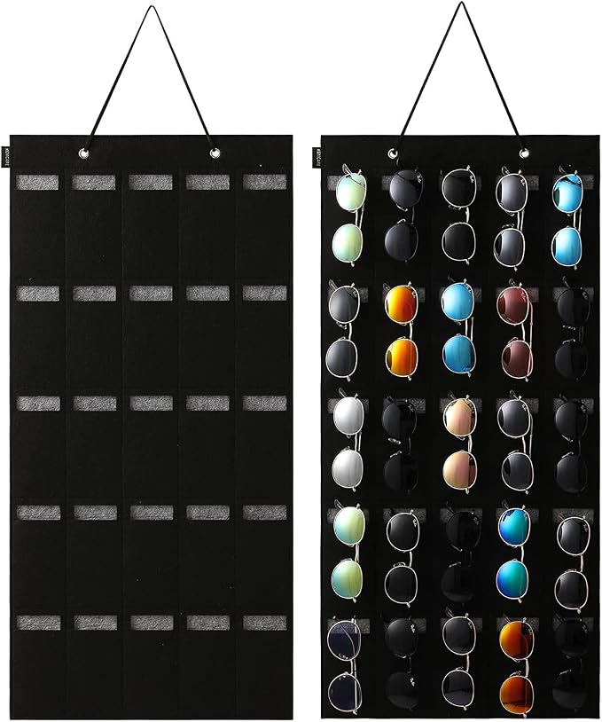 Sunglasses Organizer Storage- Hanging Eyeglasses Wall Pocket Mounted,Eyewear Display,25 Slots (Black, Large)