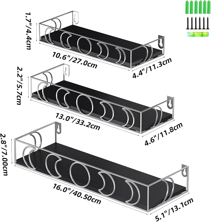 Moon Phase Wall Shelves Black Silver, 3 Pack Small Floating Book Plant Shelves for Bedroom Kid Room, Decorative Storage Display Shelf for Crystal Figurine Collectibles