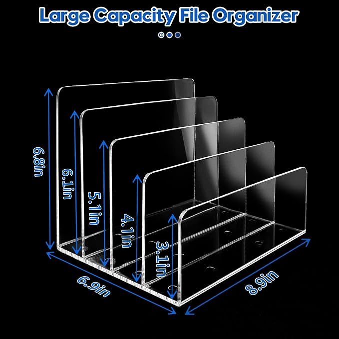 4 Section Acrylic File Organizer, Clear Desk Organizer and Accessories, Sturdy File Folder Holder Sorter, Office Supplies for Mail Letter Paper Electronic Notebook