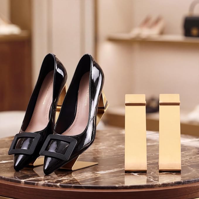Therwen 12 Pcs Gold Shoe Display Stand Shoe Rack Stainless Steel Golden Metal Riser High Heel Display Rack Holder for Home Shopping Malls (Shape V,Golden)