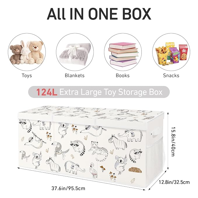 Extra Large Collapsible Toy Box with Lids, Sturdy Storage Organizer for Kids, 38"x16"x13" Toy Chest for Playroom, Nursery, Bedroom, Living Room (Animal Sketches)