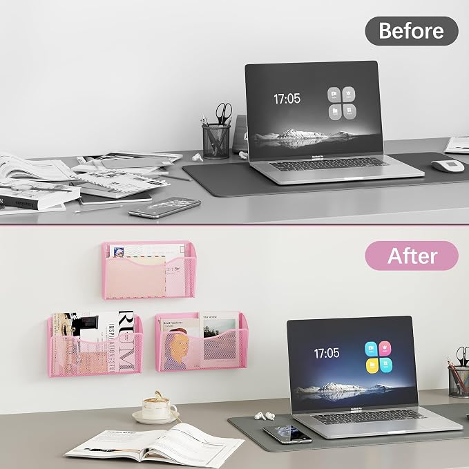 EasyPAG Wall File Organizer, Metal Mesh Hanging File Folder Holder for Letter/A4 Size Folders, Vertical Wall Mount Mail Sorter for Office Paperwork, Classroom, Pink