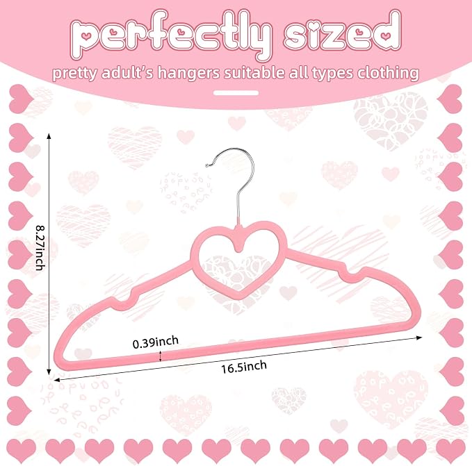 Qunclay 50 Pcs Pink Velvet Heart Hangers, Non-slip Felt Clothes, Heavy Duty Sturdy Heart Clothes Coat Hanger, Cute Kawaii Room Decor for Adult Women, Space Saving with No Hanger Mark, 360° Swivel Hook