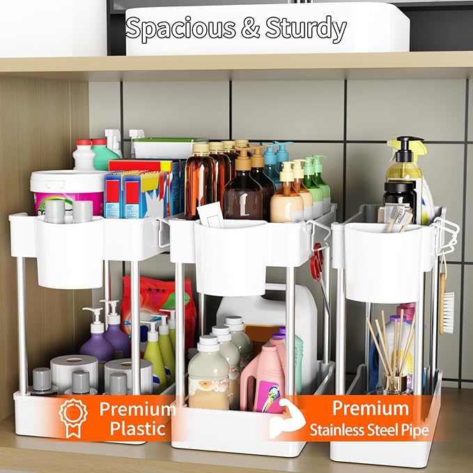 3 Pack Under Sink Organizer Bathroom and Storage Cabinet (White) | 2 Tier with Hanging Cups for Kitchen
