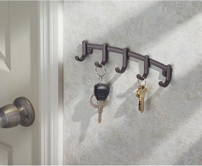 mDesign Steel Modern Key Holder for Wall - Decorative Wall-Mount Key Ring Holder and Hook Rack - 5 Metal Hooks for Hanging Dog Leash, Car Keys, and Keychain - Hyde Collection - 2 Pack - Bronze