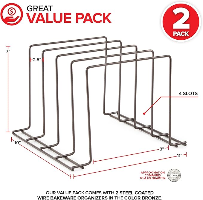 Stock Your Home Kitchen Cabinet Organizer, Bronze (2 Pack) Steel Baking Sheet Holder with 4 Slots for Cabinet, Bakeware Organizer, Divider for Cutting Boards, Pot Lids, Pan Lids, Cookie Sheets