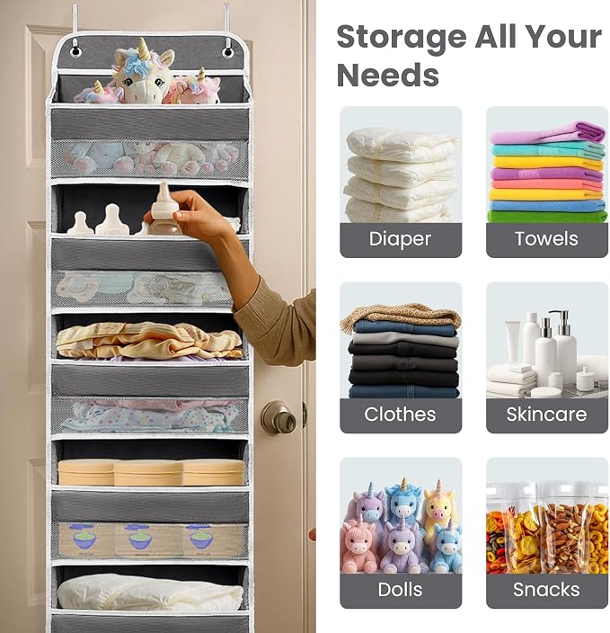 Easy Assembly Over The Door Organizer, 6 Shelves& 10 Side Pockets, Heavy-Duty Reinforced Mesh Rack Holds 44lb, Hanging Behind Door Storage for Bathroom Pantry, Nursery, Closet, Shoes, Towels-Dark Grey