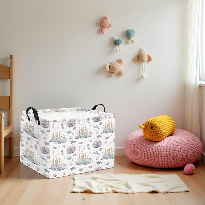 Rectangular Kids Storage Basket Boys for Home Kitchen Girls Cute Storage Bin Organizer Shelf Book Room Decor(Sea Castle)