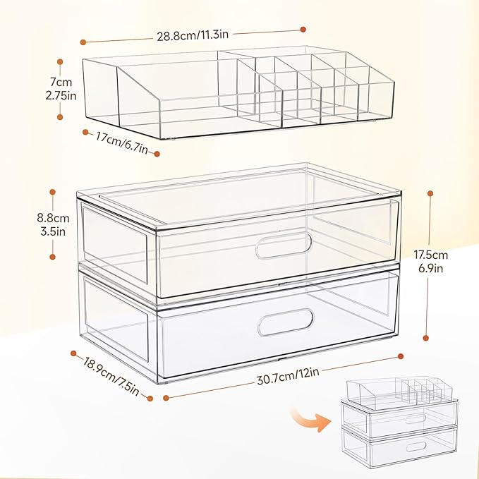 Clear Stackable Makeup Organizer with Drawer, 12''W Acrylic Storage Drawers, Cosmetic Display Case for Vanity Bathroom Countertop, Beauty Holder for Lipstick Brush Skincare Perfume (5 Pack)