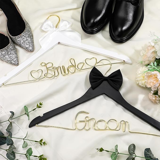 Beeveer 2 Pcs Wire Bride Hanger and Groom Wedding Wooden Hanger with Letter and Bow Tie for Tuxedo Suit Bridesmaid Bridal Wedding Gift Bridal Party Shower