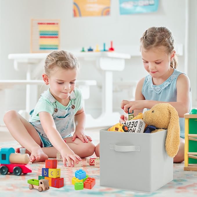 Stero Fabric Storage Bins 6 Pack Fun Colored Durable Storage Cubes with Fabric Handles Foldable Cube Baskets for Home, Kids Room, Closet and Toys Organization Gray