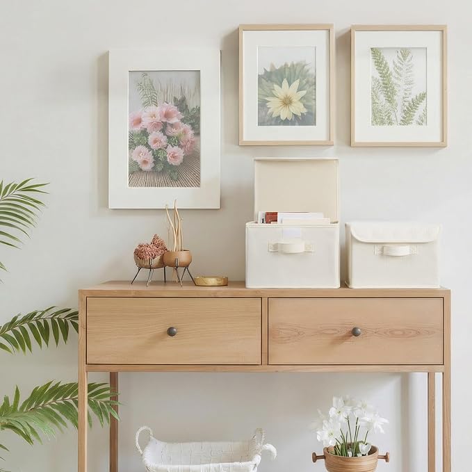 GRANNY SAYS Small Storage Bins with Lids, Small Storage Boxes, Shelf Baskets for Shelf, Collapsible Storage Bins for Living Room, Bedroom, 10x8x7 Inch, Ivory White, 2-Pack