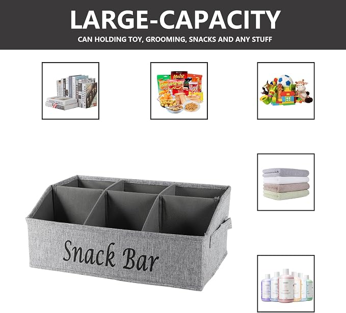 2 Pack Countertop Snack Organizer, Fabric Snack Box Basket with Handles, 6 Compartment Kitchen Cabinet Pantry Organizer and Storage - Grey