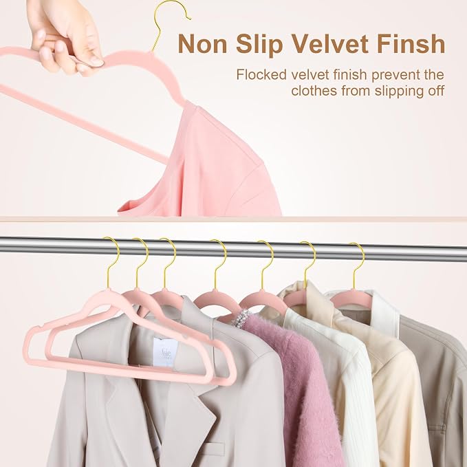 TIMMY 36-Pack Velvet Hangers with Gold Hooks - Space-Saving Non-Slip Heavy-Duty Clothes Hangers for Coats, Suits, Dresses, and Sweaters - Slim Design (Blush Pink+Gold)