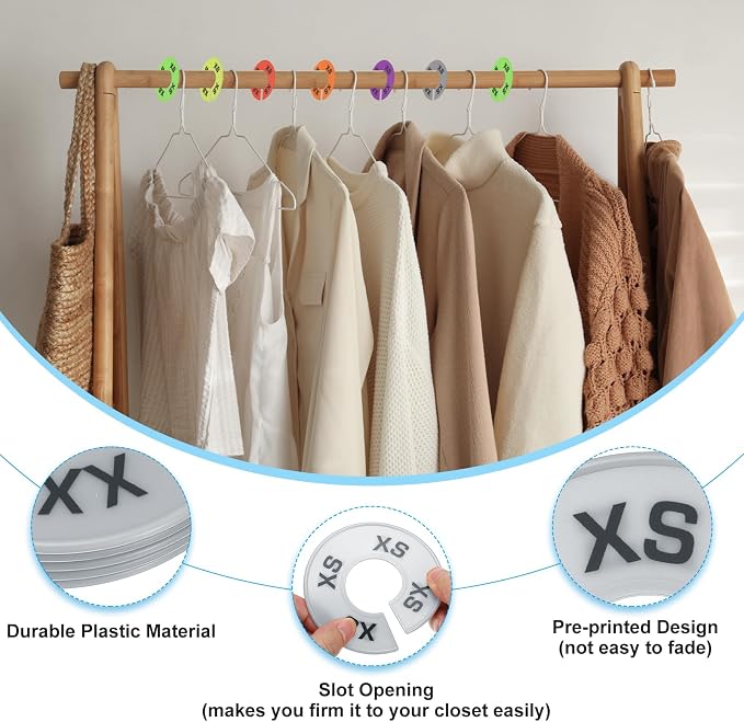 PATIKIL Clothes Dividers for Hanging Clothes, 40 Pack 8 Sizes Round Pre-written Clothing Rack Dividers Size Mark Label Sorting Separator for Closet, Grey