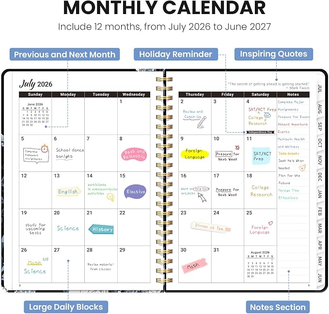Planner 2026-2027, Hardcover Monthly and Weekly Academic Planner July 2026 - June 2027, Teacher and Student Calendar Agenda Book with Tabs, A5 (6.3" x 8.5"), Ideal for School and Office, Nocturne Peonies