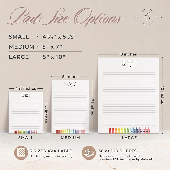 Curio Press Personalized Notepad 50 or 100 Sheets, Custom Stationery Note Pad 3 Sizes - Custom Crayons End-of-Year Teacher Gifts Appreciation Note with Name Teacher Stationery Gifts - Crayons Pad