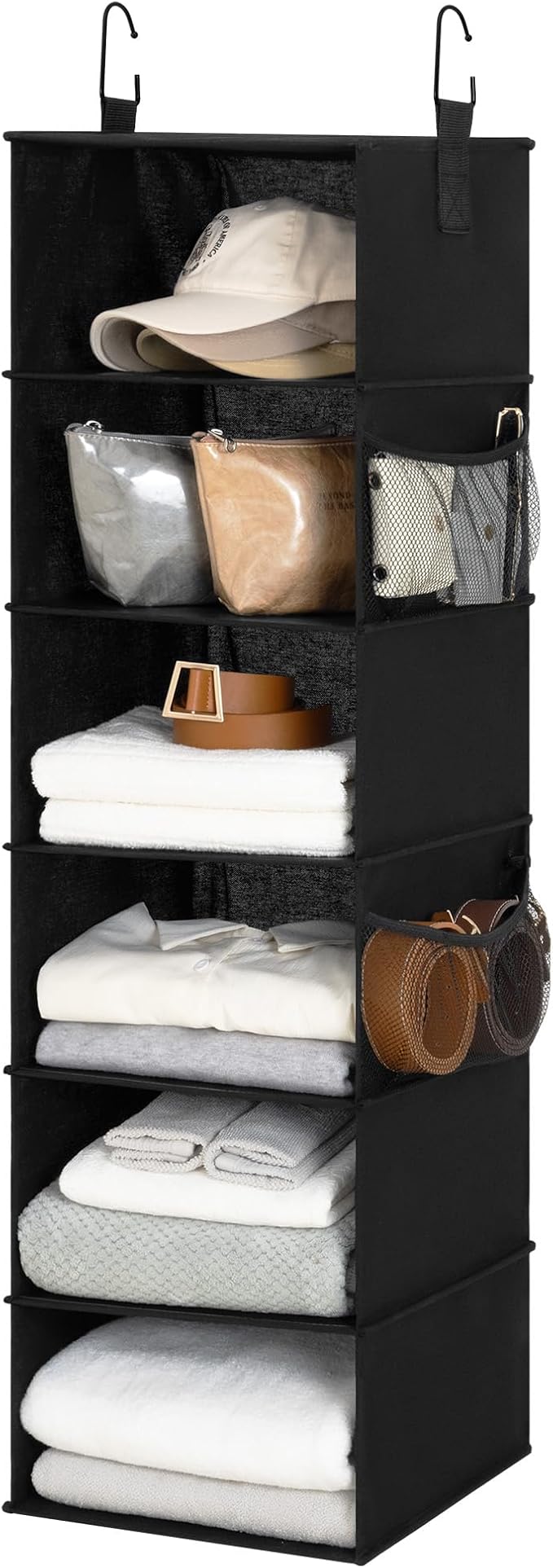StorageWorks Hanging Closet Organizer, 6-Shelf Hanging Shelves with 2 Hooks, Foldable Space-Saving Design, Closet Organizers and Storage for Bedroom, Dorm, Locker, Black