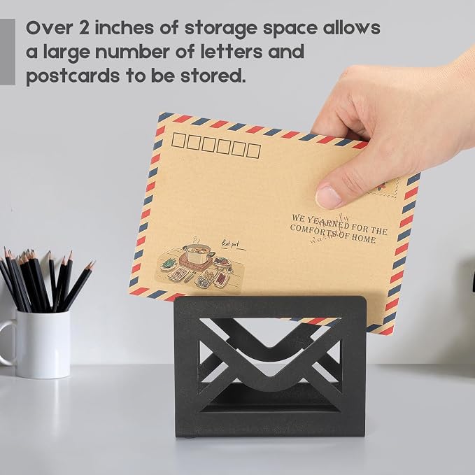 Desktop Metal Mail Holder,Letter Organizer for Desk(Black) | Modern,Cutout Envelope Design,Envelope and Document Storage Rack for Home and Office