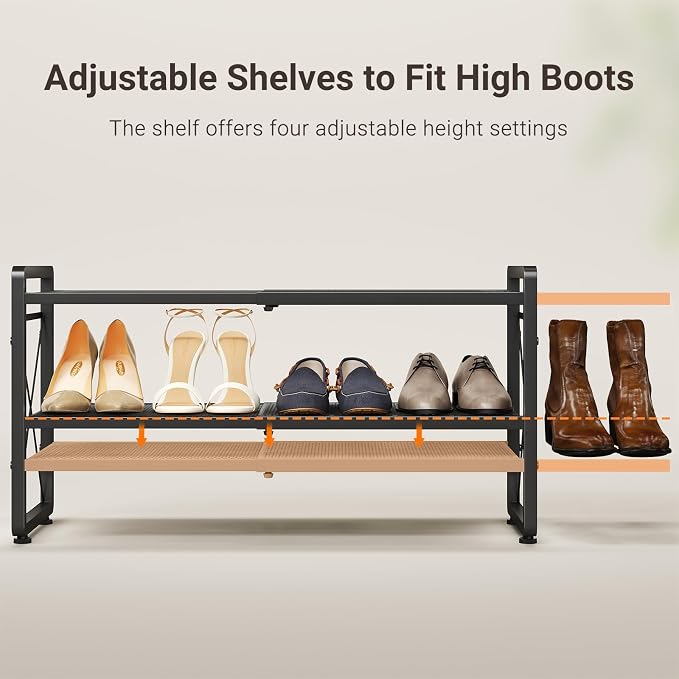 ELYKEN Shoe Rack, 4-Tier Expandable Shoe Organizer for Closet, Metal Black Shoe Shelf with 8 Hooks, Adjustable Shoe Stand Holder for Entryway, Garage, Door Entrance