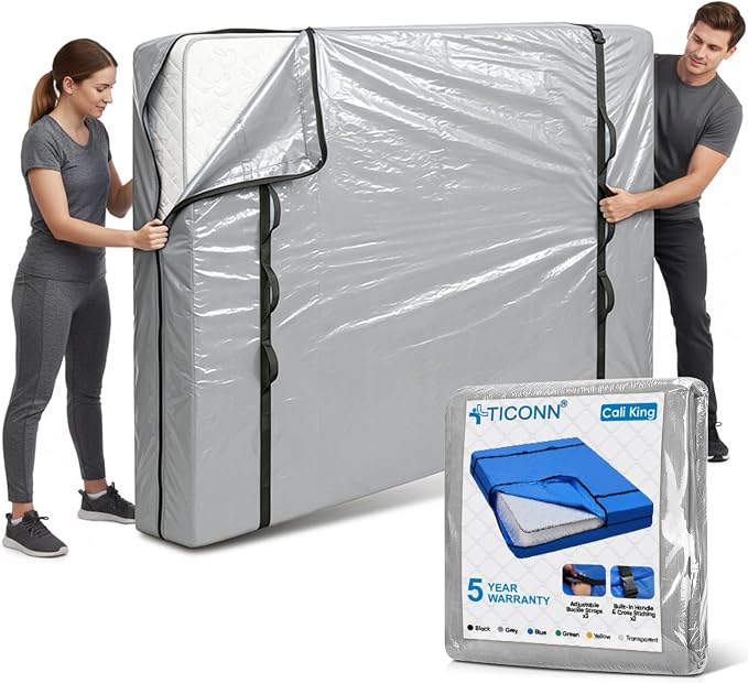 TICONN Mattress Bags for Moving, Heavy Duty Cali King Mattress Cover Storage Bag with Full-Around Handle and Adjustable Buckles (Gray, Cali King)