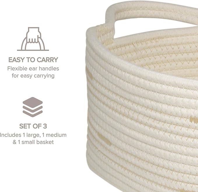 RGI Home Storage Baskets for Organizing, Fabric Rope, Set of 3, Decorative Woven Bins with Easy-Carry Handles, Multiple Sizes, Durable and Stylish, Ivory with Beige Accents