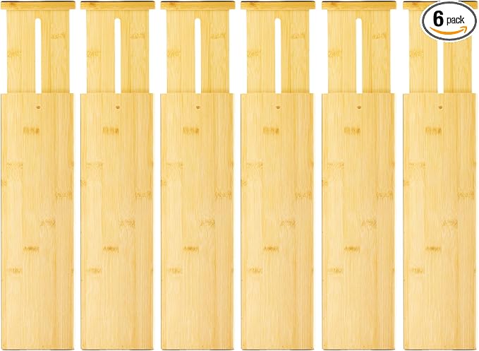 VaeFae 6 Pack Bamboo Drawer Dividers, 4" High Adjustable 16.6" - 21.8" Clothes Drawer Organizers, Expandable Separators for Bedroom/Bathroom/Kitchen/Office Storage