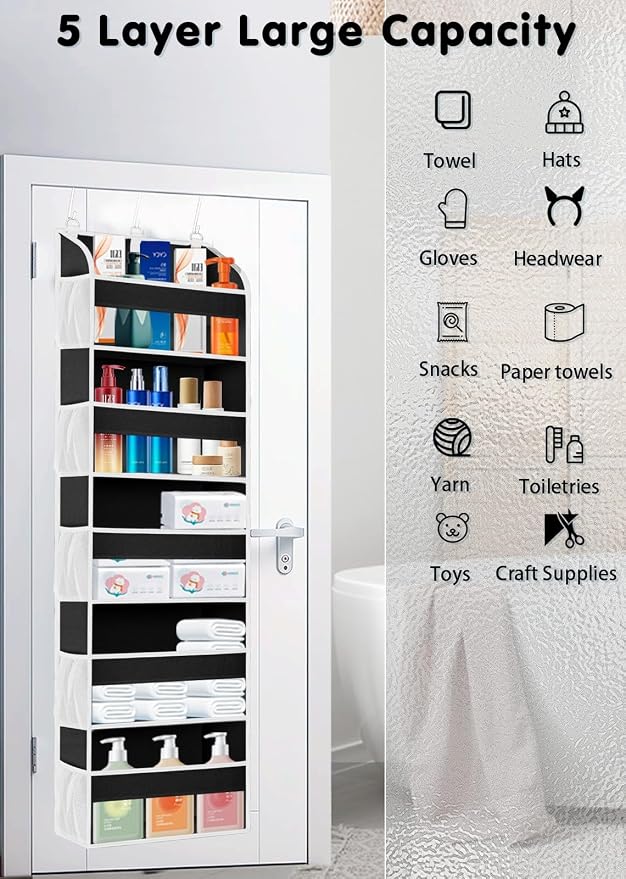 TAHAVICE 1Pack Over the Door Organizer Storage, 5 Large & 10 Mesh Pockets | Hanging Organizer Closet College Dorm Essentials for Girls, Storage for Dorm Organization, Nursery & Bedroom (Black)
