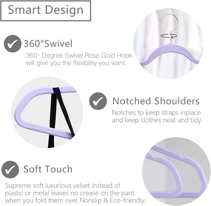 MIZGI Premium Velvet Hangers (50 Pack) - Heavy Duty Non Slip Felt Suit Hangers - Light Purple Rose Gold Hooks, Space Saving