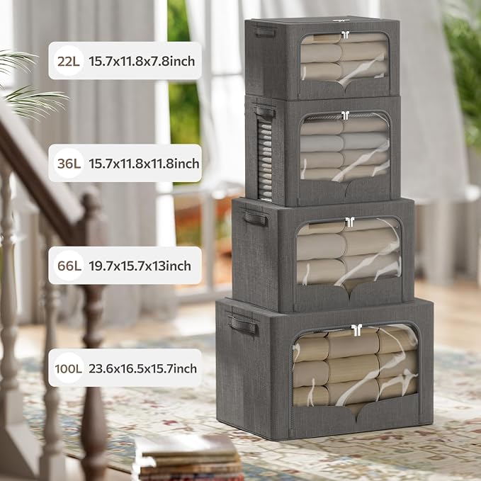 FHSQX 3 Pack Clothes Storage Bins with Metal Frame | Dark Gray, 19.7x15.7x13inch (66L) Foldable , Stackable, Linen Fabric, Carrying Handles, Clear Window