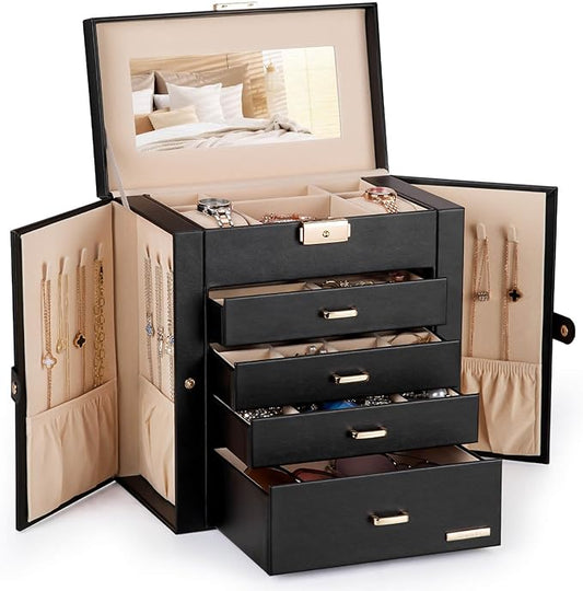 Homde Synthetic Leather Huge Jewelry Box Mirrored Watch Organizer Necklace Ring Earring Storage Lockable Gift Case (Black + Gold)