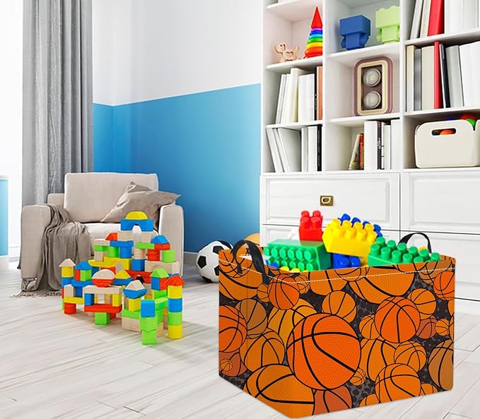 Rectangular Basketball Kids Storage Basket Gift & Baby Storage Bin Organizer Shelf Book Basket Room Decor (Basketballs)